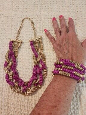 Gold and Fuchsia Braided Statement Necklace and Coil Bracelet Set